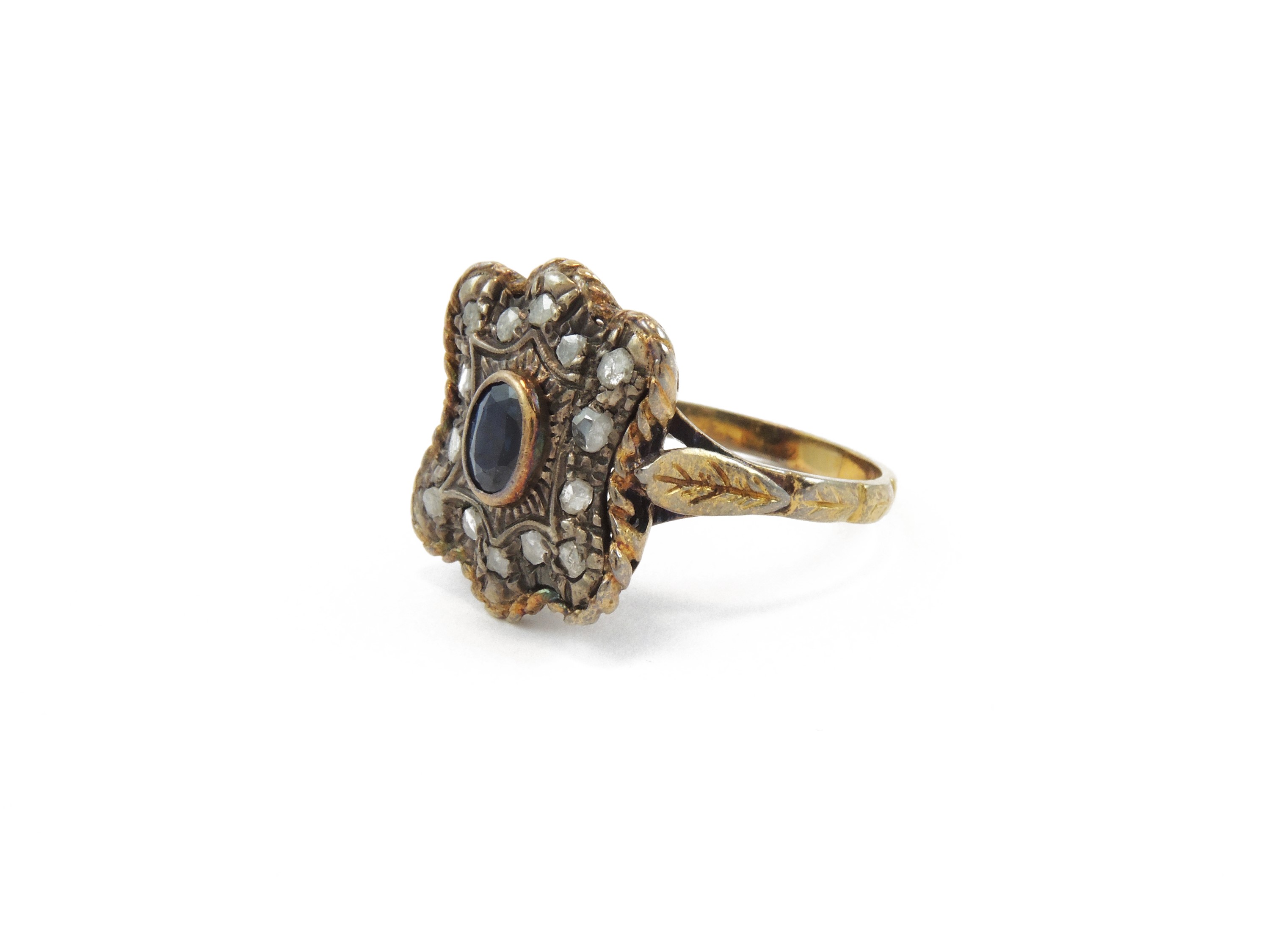 Anello in Oro Giallo e Argento con Diamant e Zaffiro
