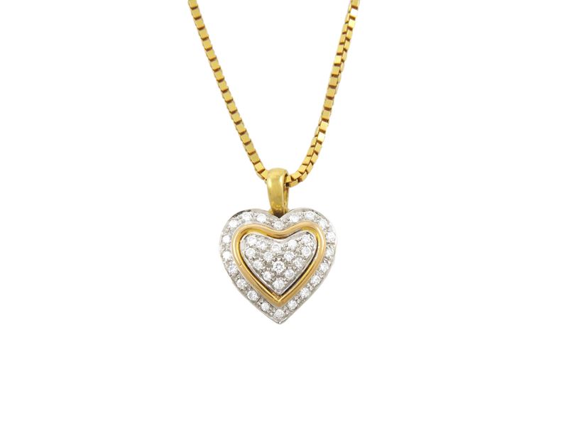 Catenina in Oro Giallo e Pendente a Cuore in Oro Bianco e Giallo con Diamanti