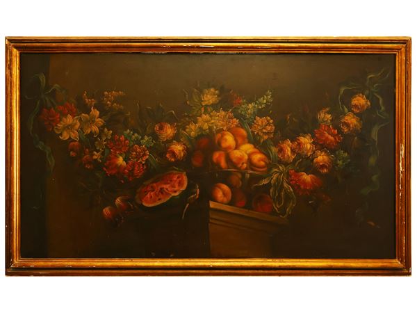 Maniera di Abraham Brueghel, - Ghirlanda di fiori e frutta su un pilastro