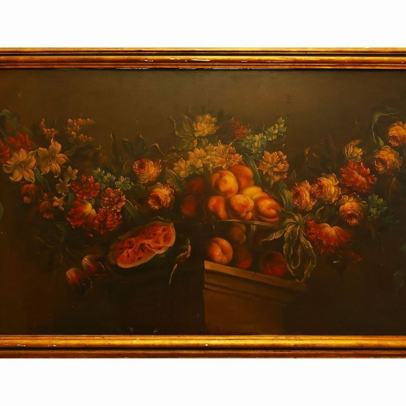 Maniera di Abraham Brueghel, - Ghirlanda di Fiori e Frutta su un Pilastro