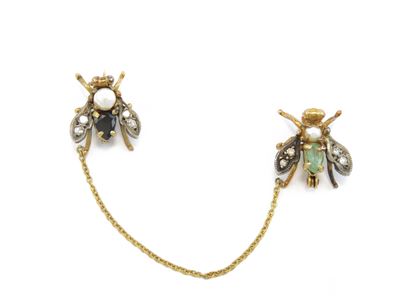 Coppia di Spille Animalier in Oro a Basso Titolo e Argento con Diamanti, Zaffiro, Smeraldo e Perl...
