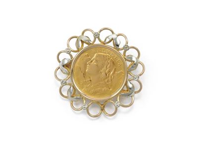 Spilla in Oro Rosa e Bianco con Moneta da 20 Franchi Svizzeri