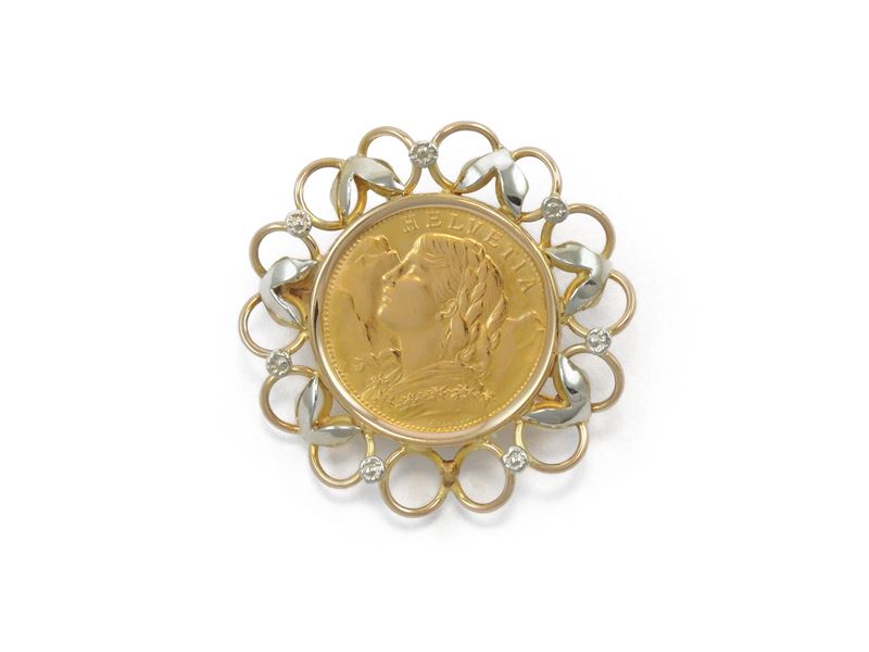 Spilla in Oro Rosa e Bianco con Moneta da 20 Franchi Svizzeri