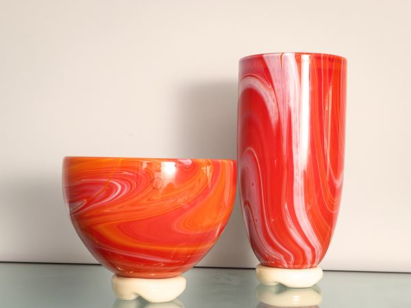 Two chalcedony-type glass paste vases