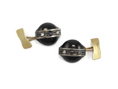 Coppia di Gemelli in Oro Rosa 375/1000 e Argento con Diamanti, Zaffiri ed Onici