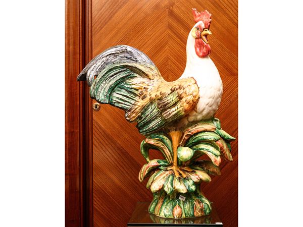 Large decorative rooster in polychrome ceramic