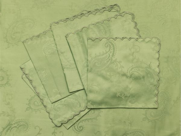 Aqua green damask cotton tablecloth  - Auction The art of furnishing - Maison Bibelot - Casa d'Aste Firenze - Milano