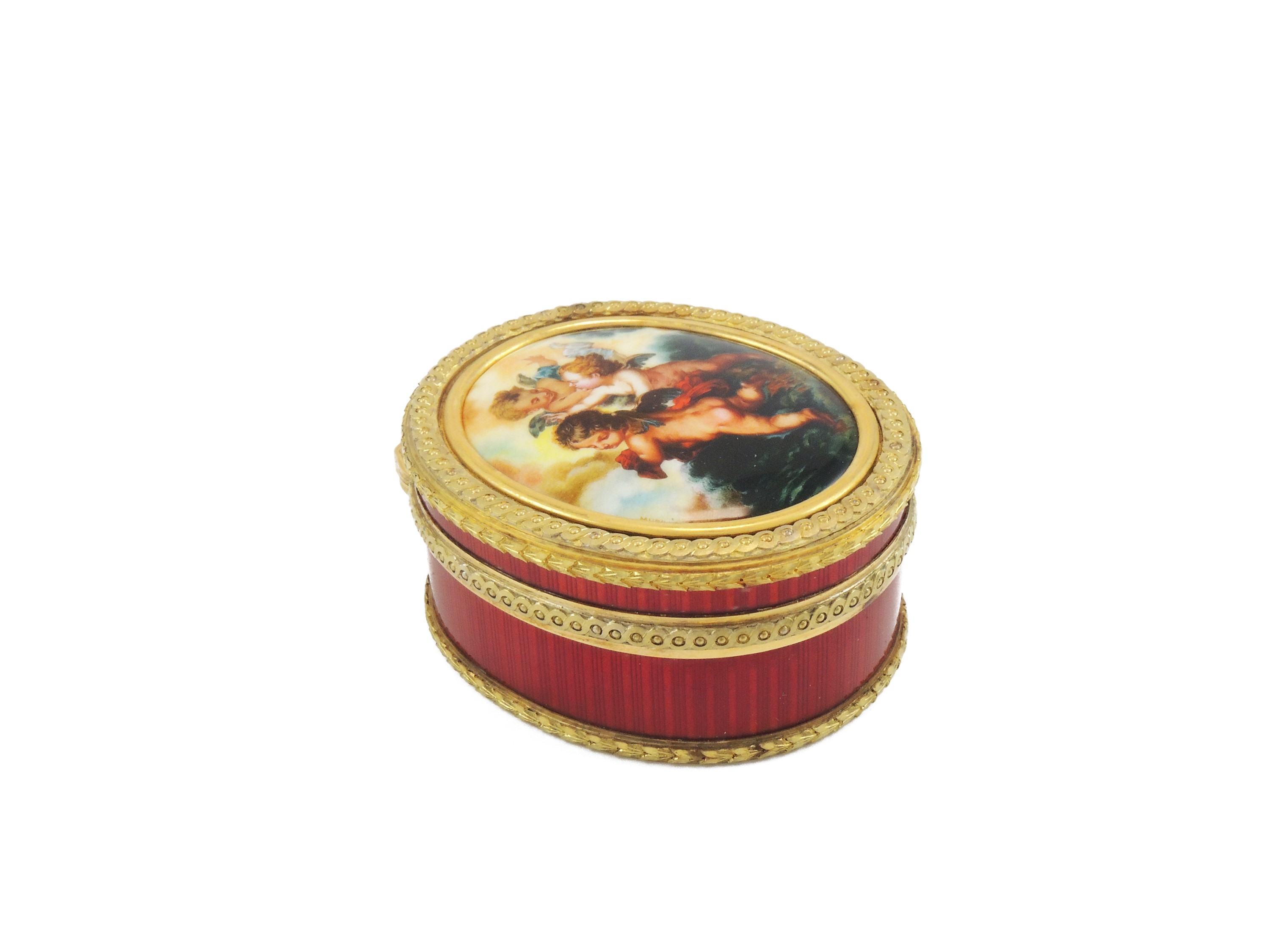 Tabacchiera in Oro Giallo e Argento con Smalto Rosso e Miniatura