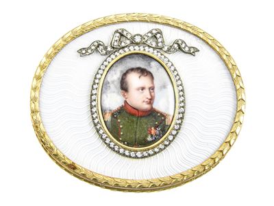 Tabacchiera in Oro Giallo, Oro Rosa e Argento con Diamanti, Smalti e Miniatura