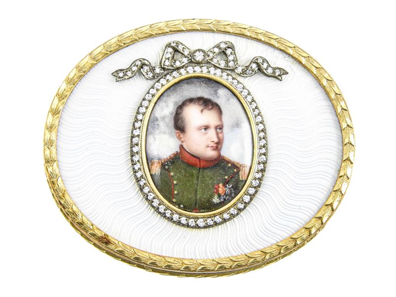 Tabacchiera in Oro Giallo, Oro Rosa e Argento con Diamanti, Smalti e Miniatura