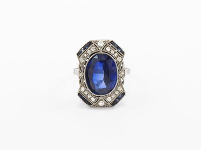 Anello in Oro Bianco con Diamanti e Zaffiri Sintetici