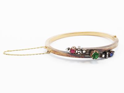 Bracciale Rigido in Oro Rosa a Basso Titolo con Diamanti, Rubino, Zaffiro e Pasta Vitrea Verde