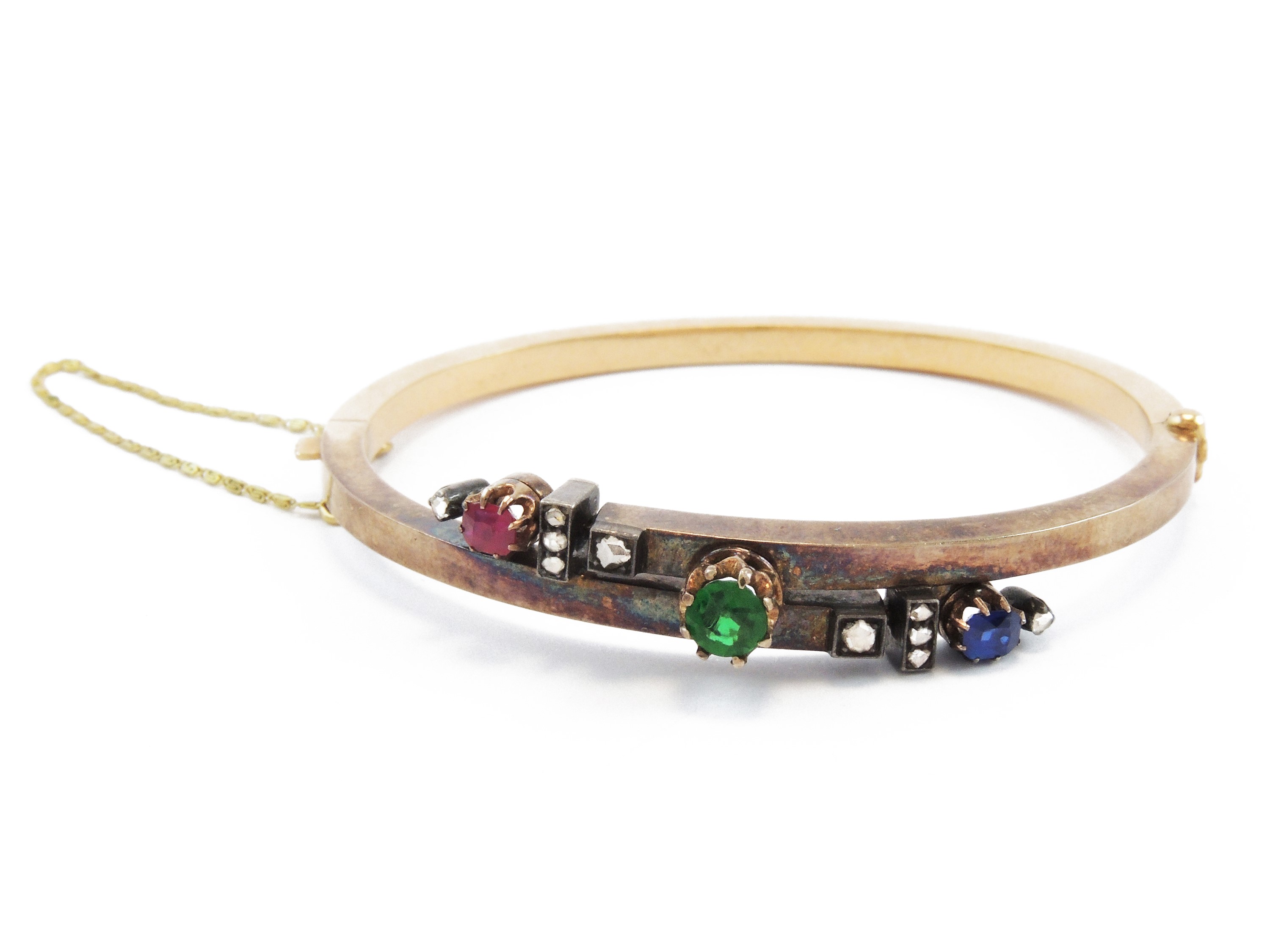 Bracciale Rigido in Oro Rosa a Basso Titolo con Diamanti, Rubino, Zaffiro e Pasta Vitrea Verde
