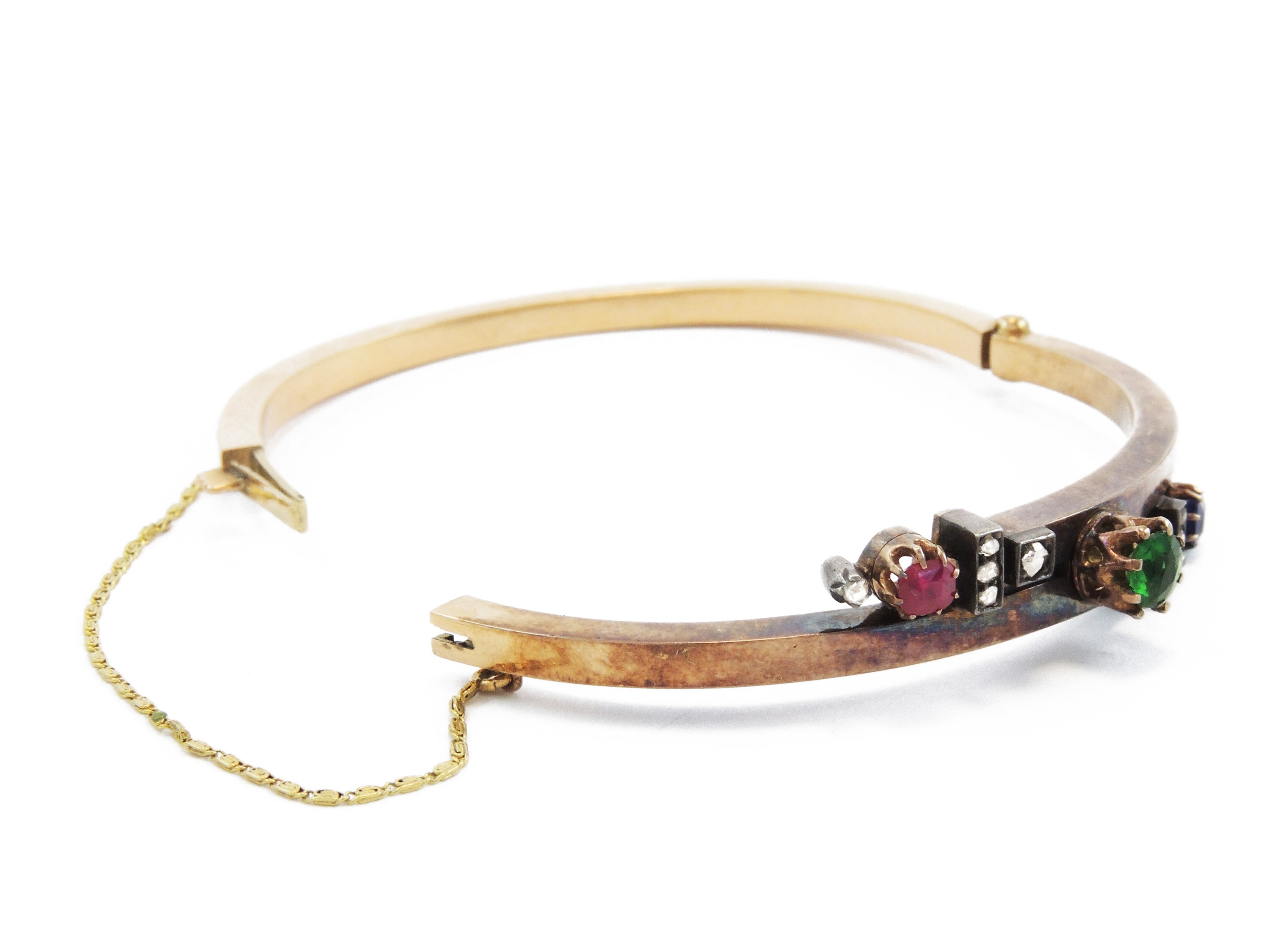 Bracciale Rigido in Oro Rosa a Basso Titolo con Diamanti, Rubino, Zaffiro e Pasta Vitrea Verde