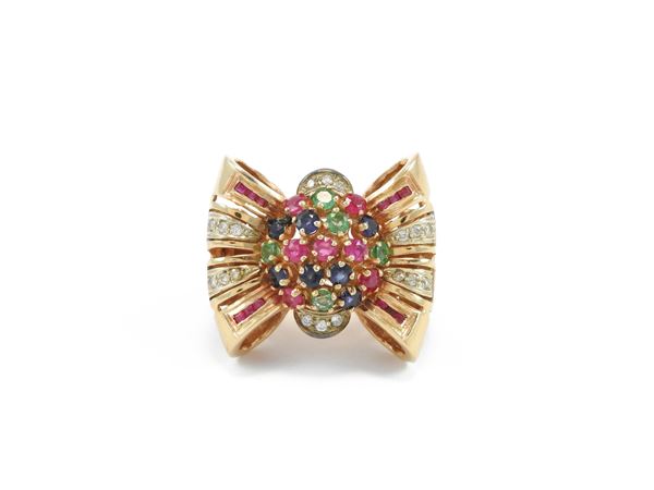 Anello in oro rosa 585/1000 con diamanti, rubini, zaffiri e smeraldi