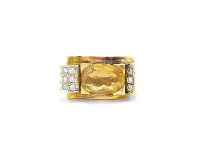 Anello in Oro Giallo e Platino con Diamanti e Quarzo Citrrino