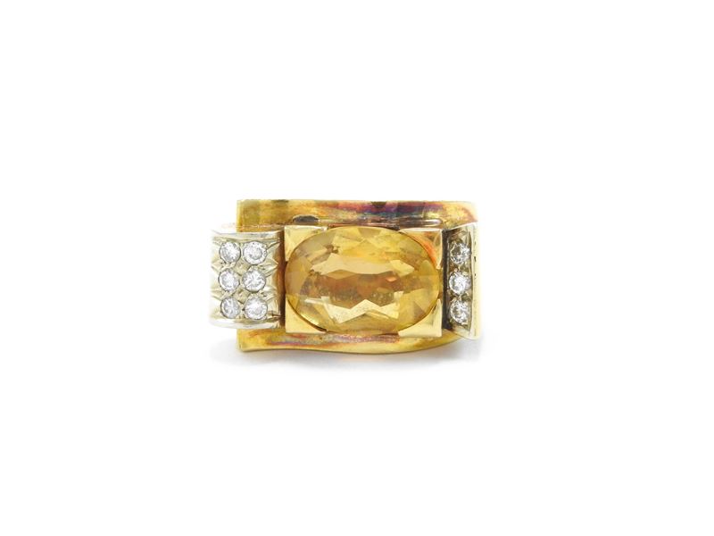 Anello in Oro Giallo e Platino con Diamanti e Quarzo Citrrino