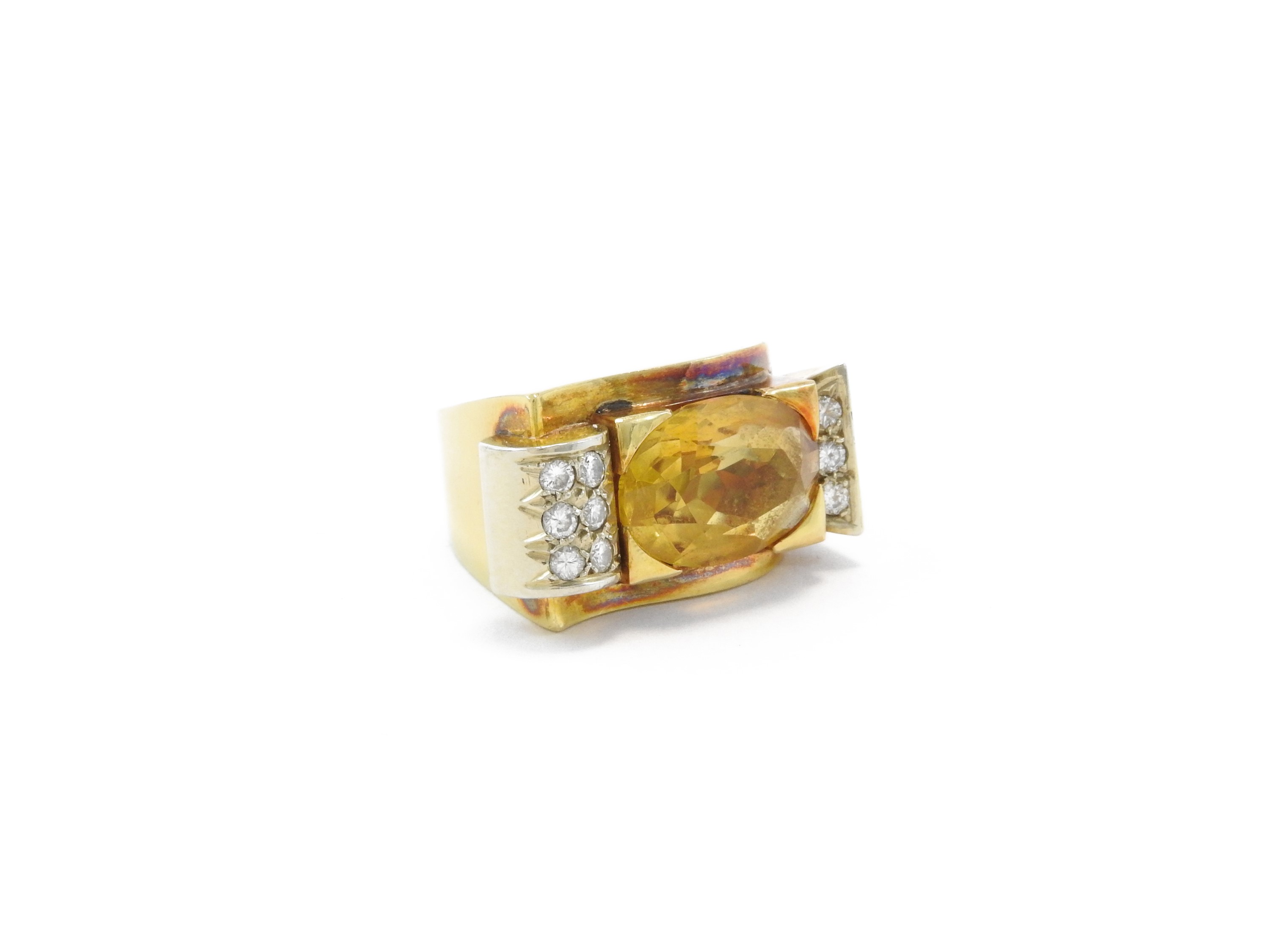 Anello in Oro Giallo e Platino con Diamanti e Quarzo Citrrino