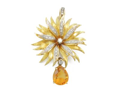 Pendente in Oro Giallo e Bianco con Diamanti e Quarzo Citrino