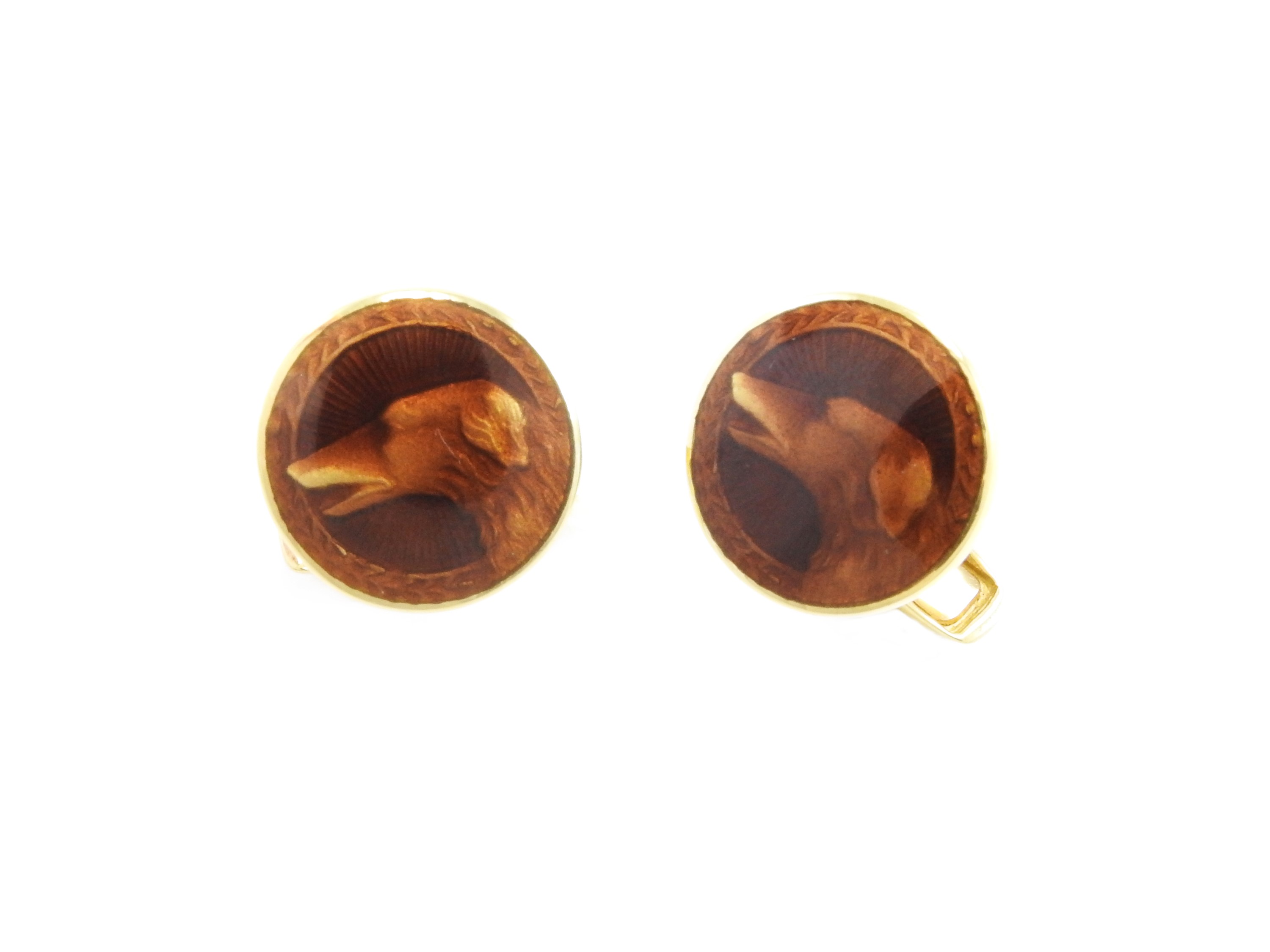 Coppia di Gemelli Animalier in Oro Giallo e Smalti Bruni