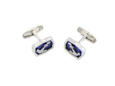 Coppia di Gemelli in Oro Bianco con Diamanti e Smalti Blu