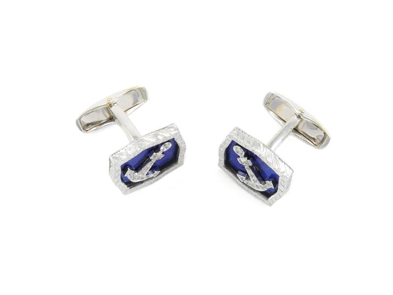 Coppia di Gemelli in Oro Bianco con Diamanti e Smalti Blu