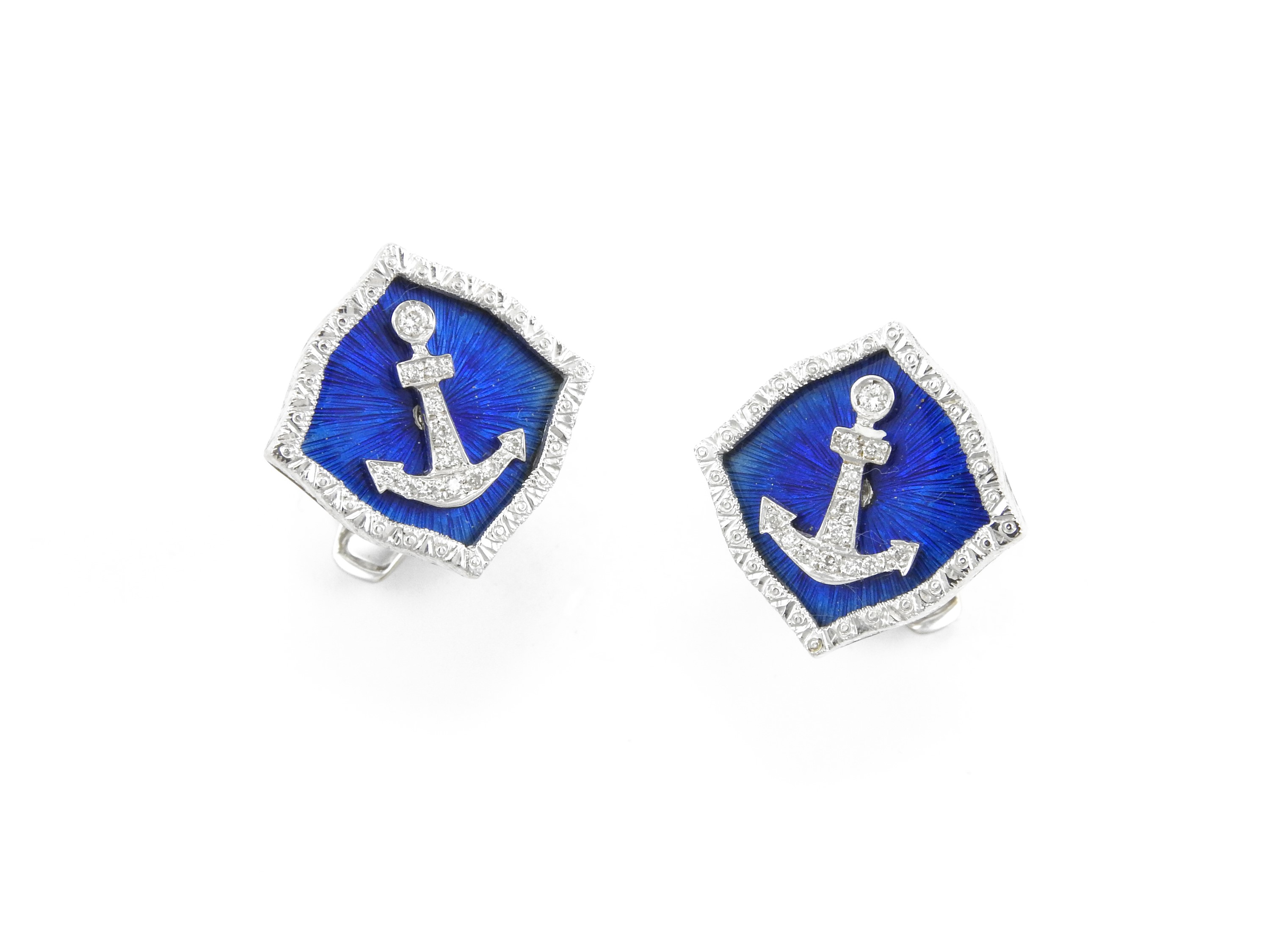 Coppia di Gemelli in Oro Bianco con Diamanti e Smalti Blu