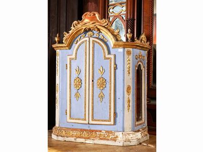 Ciborio in Legno Laccato Azzurro e Lumeggiato in Oro