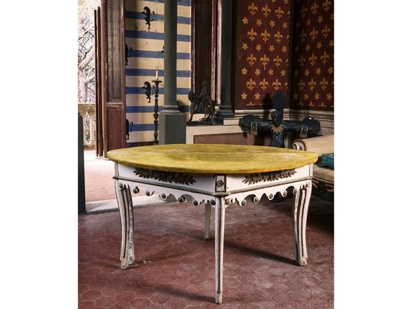 Pair of half tables in white and gilded lacquered wood