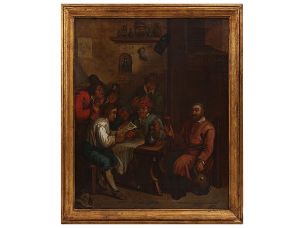 Seguace di David Teniers il Giovane - Interno di taverna con contadini che bevono e leggono una lettera