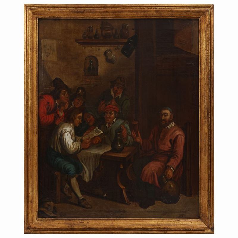 Seguace di David Teniers il Giovane - Interno di Taverna con Contadini che Bevono e Leggono una L...