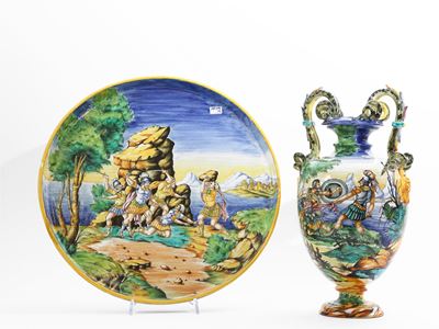 Vaso con Vassoio in Terracotta Invetriata, Cantagalli