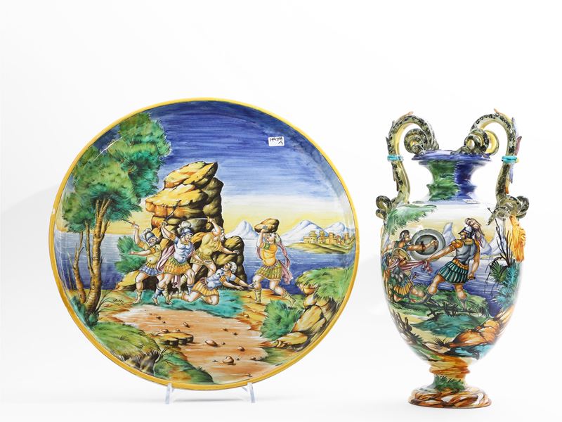 Vaso con Vassoio in Terracotta Invetriata, Cantagalli