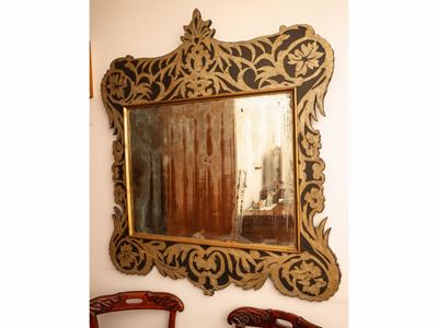 Specchiera con Cornice in Legno Tenero Ebanizzato e Lumeggiato in Argento