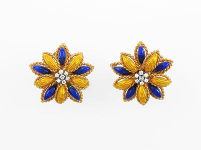 Orecchini in Oro Giallo con Diamanti e Smalti Gialli Blu