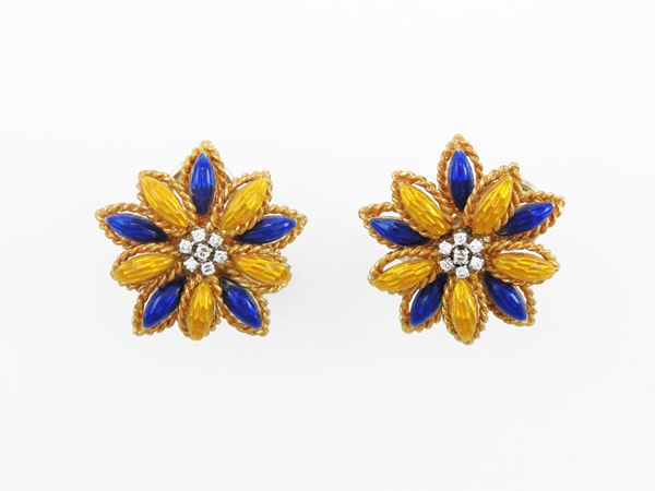 Yellow gold earrings with diamonds and yellow and blue enamels