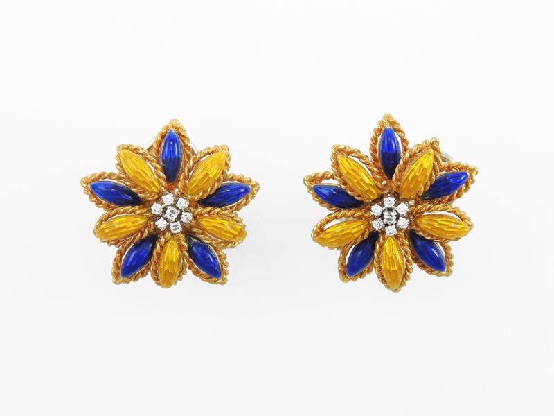 Orecchini in Oro Giallo con Diamanti e Smalti Gialli Blu