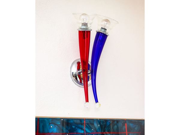 Serie di tre applique Ducale in vetro di Murano e metallo cromato, Giuseppe Righetto per VeArt