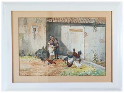 Scorcio di Aia con Bambine e Galline