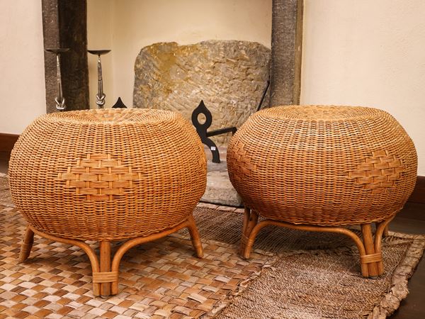 Pair of circular wicker stools