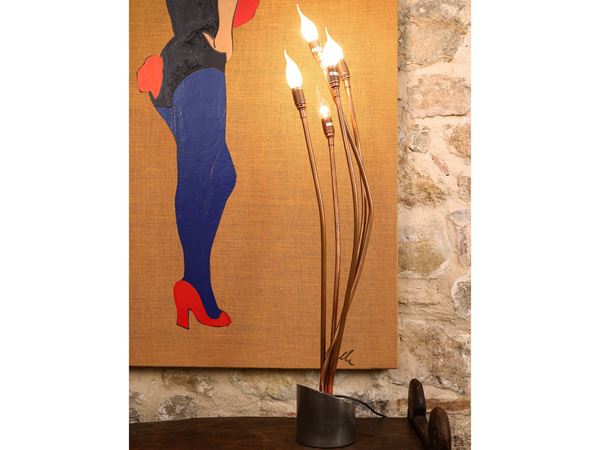 Floor or table lamp in copper and steel