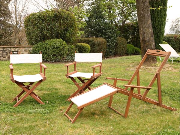Serie di cinque poltrone regista da giardino in legno