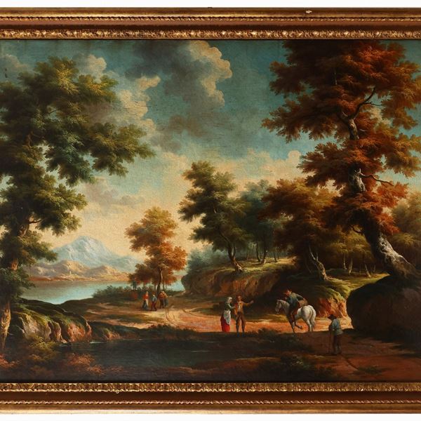 Maniera della pittura del XVIII secolo - Paesaggio lacustre con viandanti