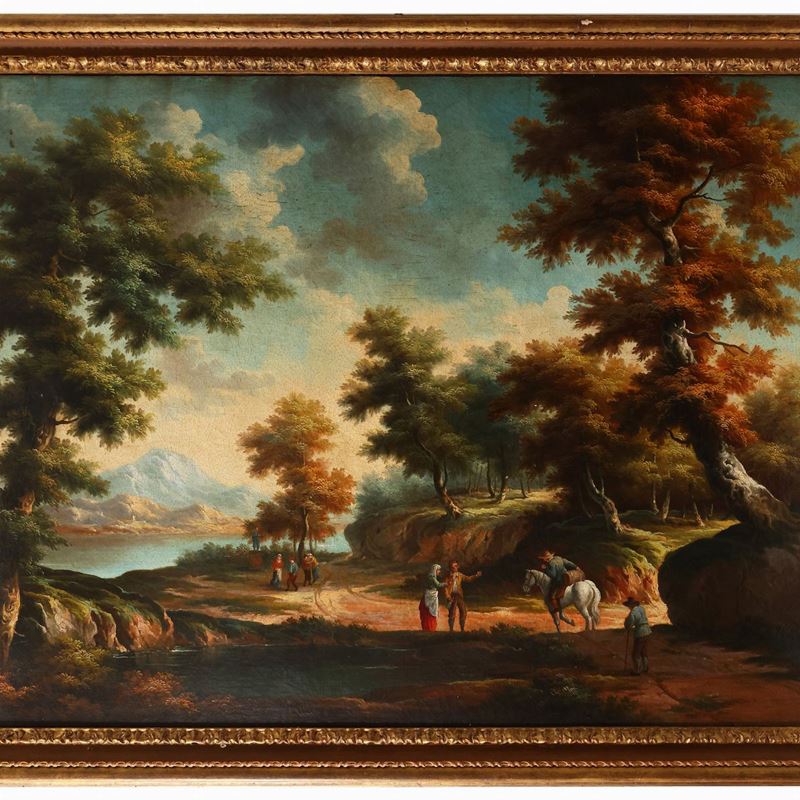 Maniera della Pittura del XVIII Secolo - Paesaggio Lacustre con Viandanti