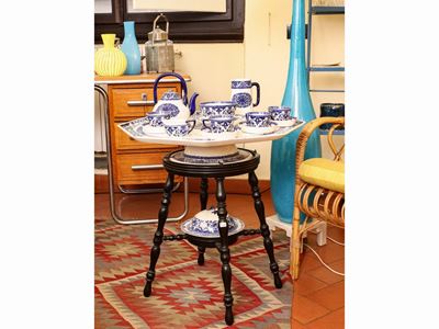 Tavolino Lazy Susan in Legno Ebanizzato e Ceramica Minton