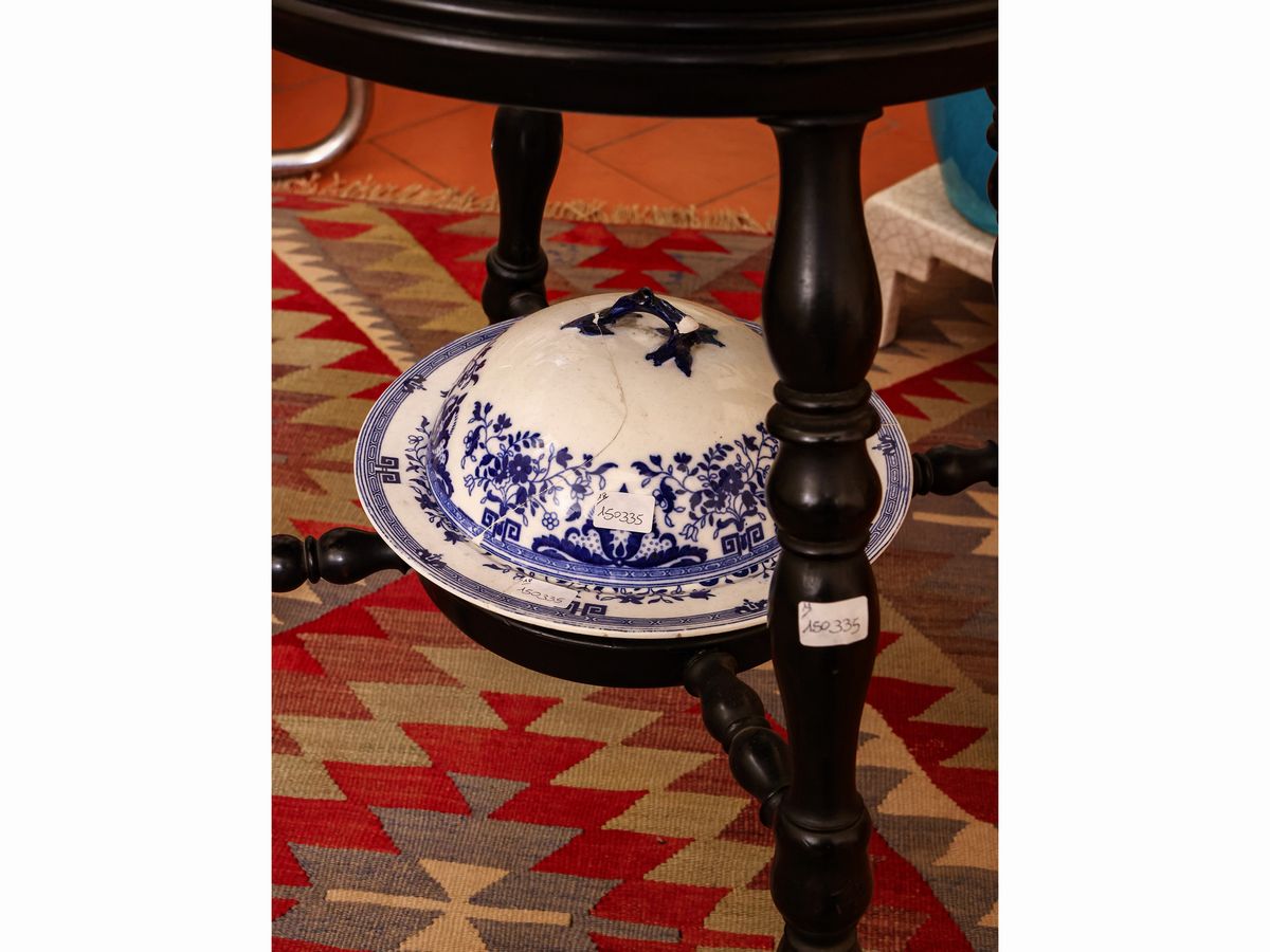 Tavolino Lazy Susan in Legno Ebanizzato e Ceramica Minton