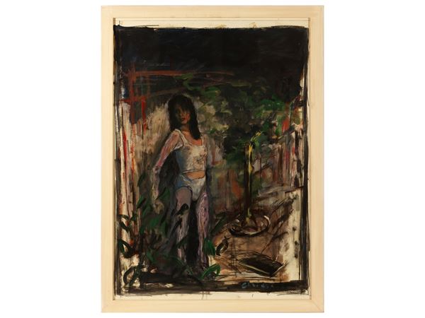 Giorgio Chiesi : Scorcio di giardino con figura femminile  ((1887-1985))  - Asta La Collezione Bendinelli - Maison Bibelot - Casa d'Aste Firenze - Milano
