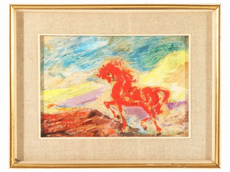 Aligi Sassu - Cavallino Rosso in un Paesaggio
