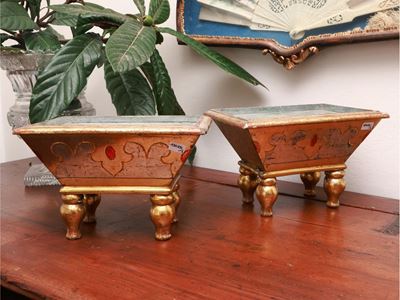 Coppia di Fioriere in Legno Intagliato Dorato e Argentato