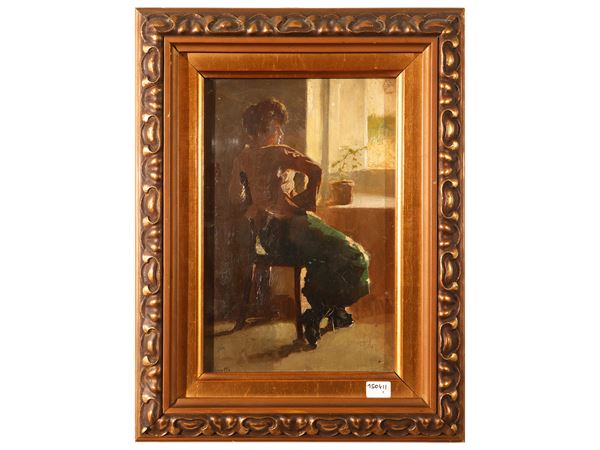 Vittorio Borriello : View of the interior with a female character, 1919  - Auction The classic house. Timeless style - Maison Bibelot - Casa d'Aste Firenze - Milano